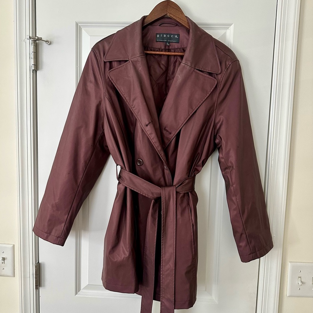 Burgundy Double-Breasted Women's Coat with Tie